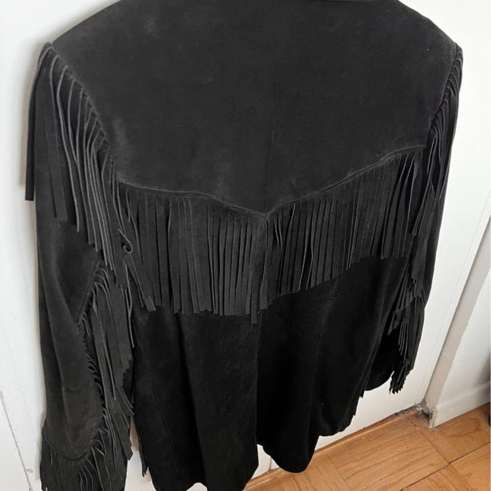 VINTAGE Black Suede Comint Fringe Jacket from Argentina (Size M)